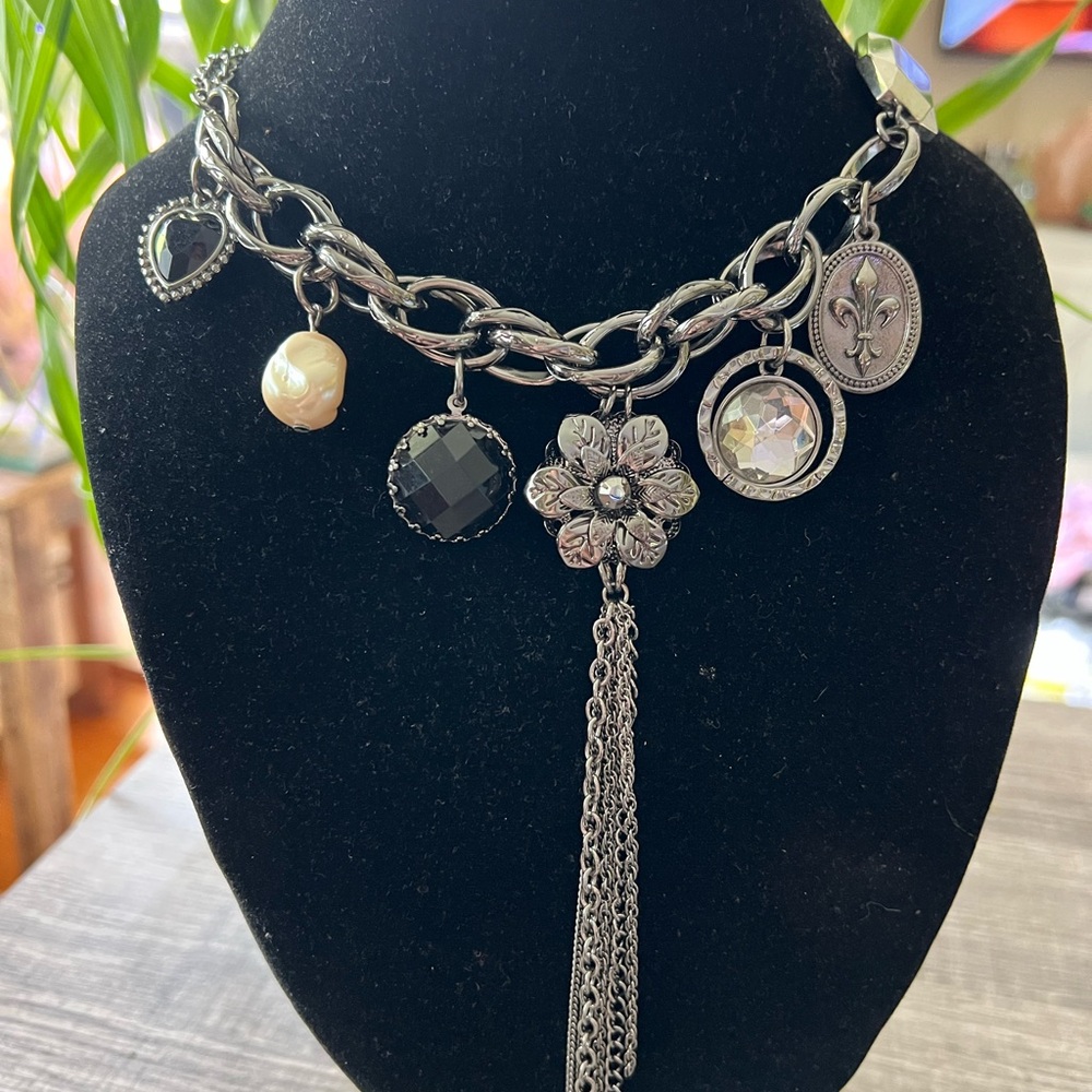Vintage Express Silver and Black Charm Necklace